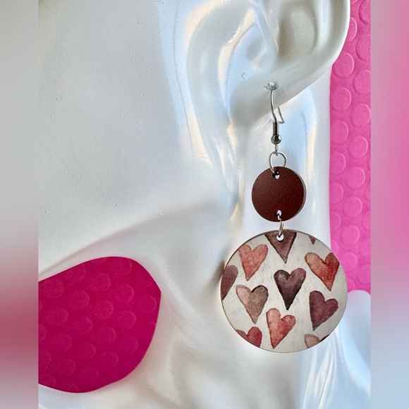 New Pink & Mocha Brown Hearts Wooden Circle Statement Dangle Earrings - 3” - Picture 2 of 6